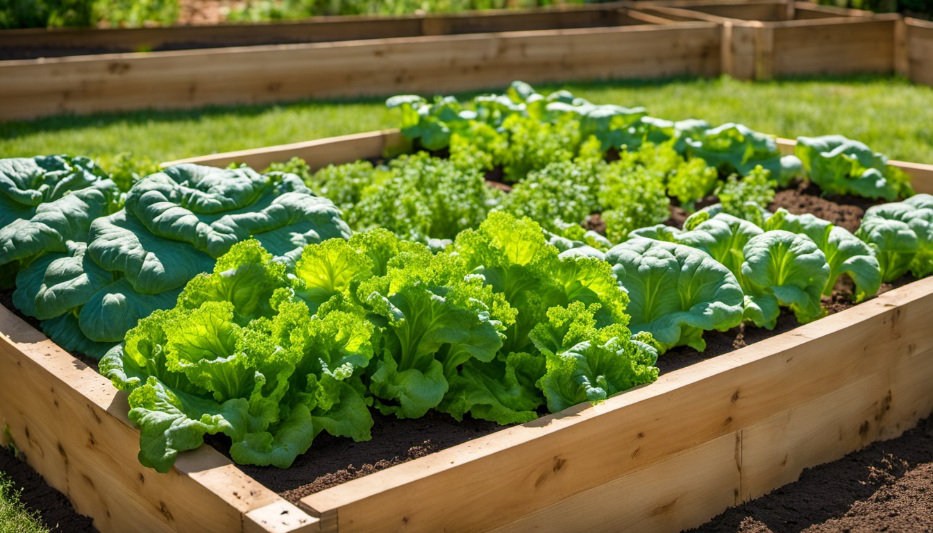 Generated illustration: leafy greens growing in a raised garden bed