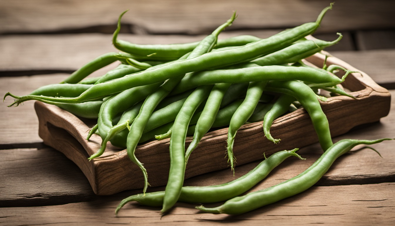 Generated illustration: fresh green beans on a wooden garden bench