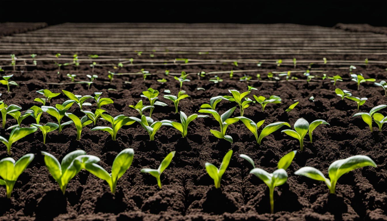 Generated illustration: young seedlings in rows of dark soil