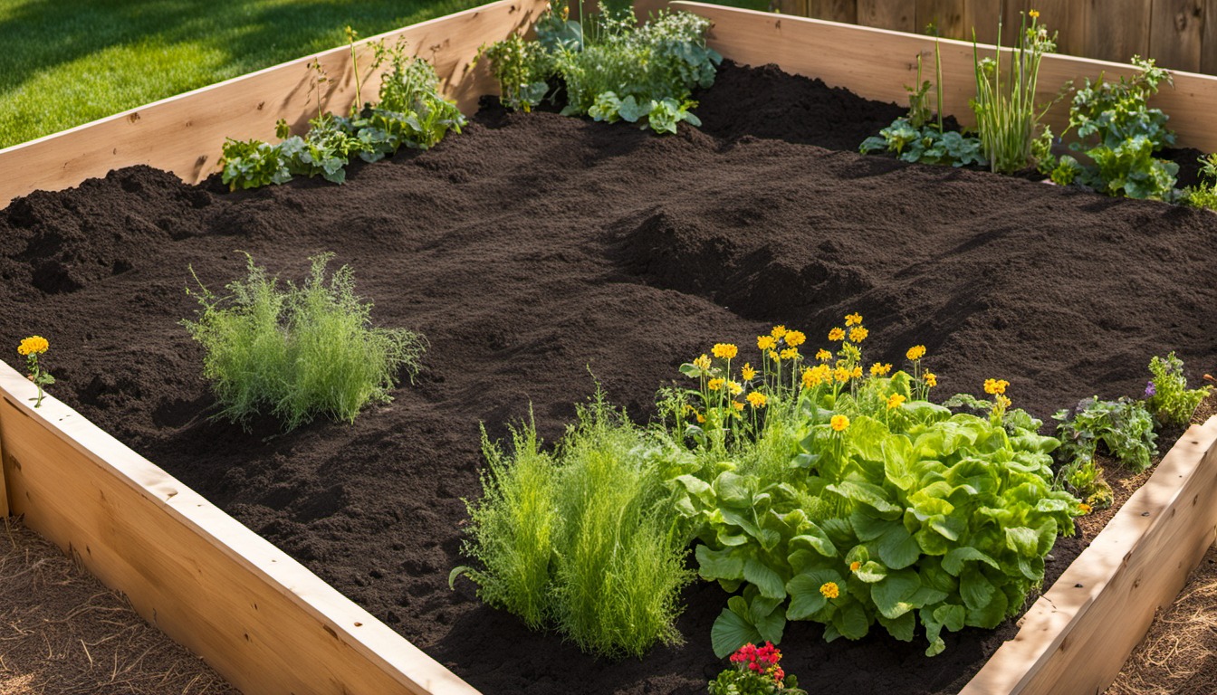 Generated illustration: raised garden bed with dark soil