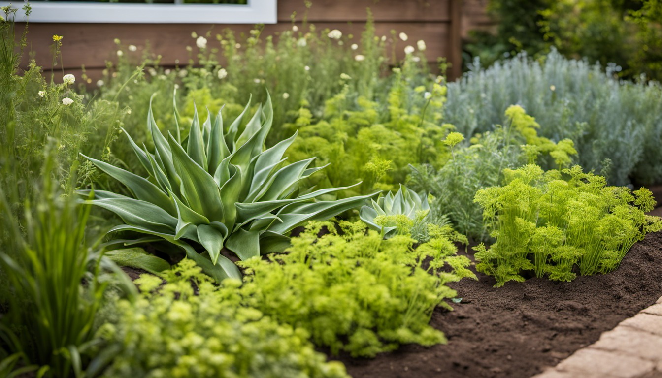 Generated illustration: leafy plants growing in a garden bed