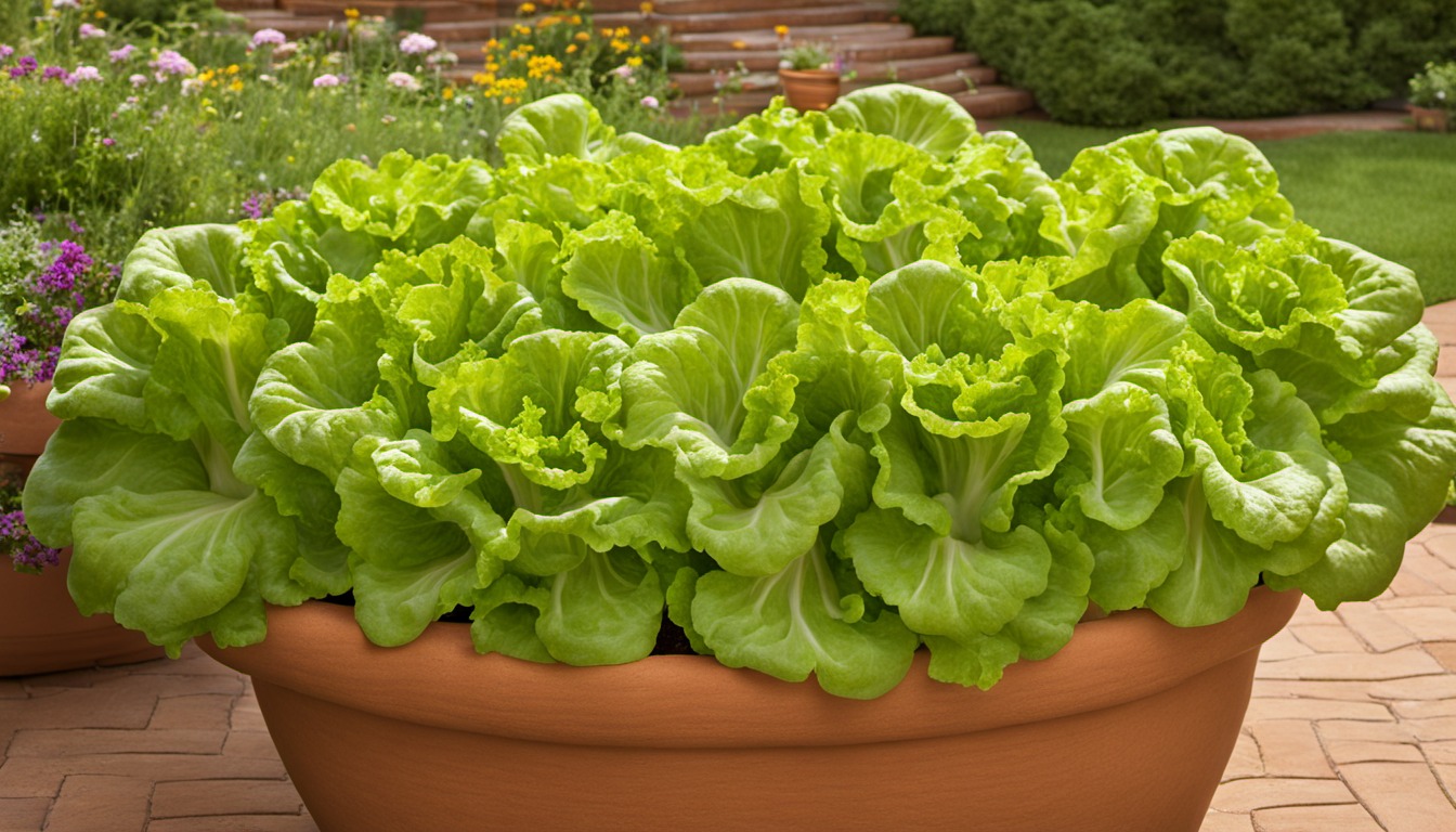 Generated illustration: leaf lettuce growing in a large terracotta pot on a patio