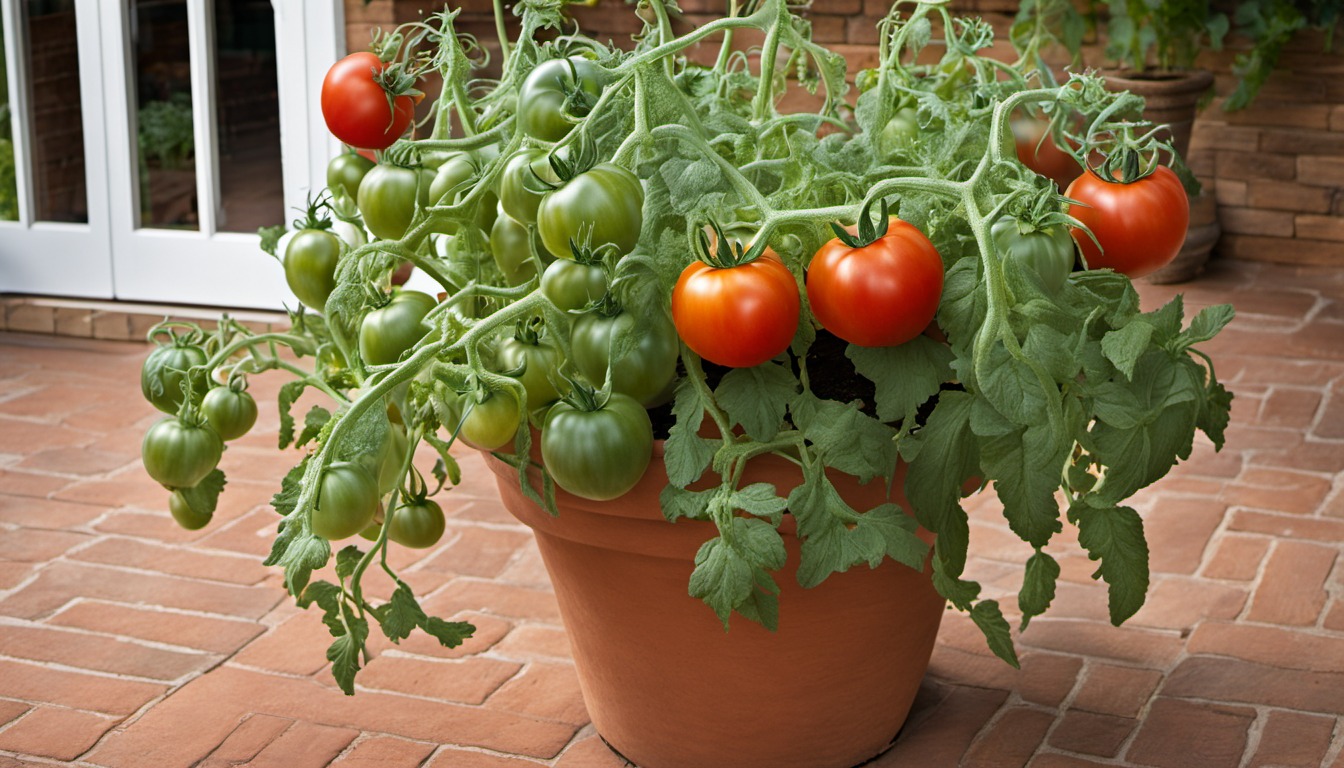 Generated illustration: a tomato plant growing in a large pot on a patio