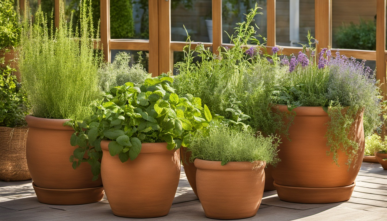 Generated illustration: several pots of leafy herbs on a sunny patio