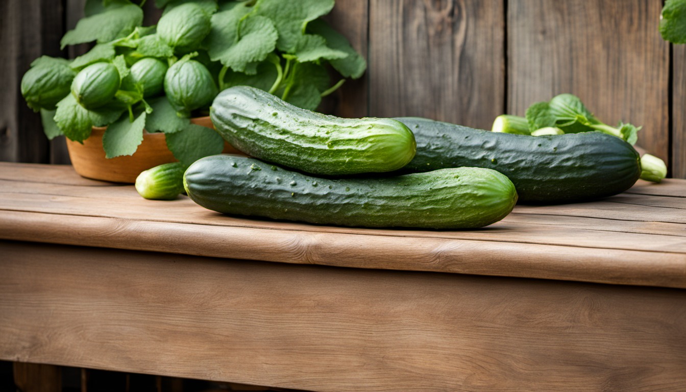 Generated illustration: fresh cucumbers on a wooden garden bench