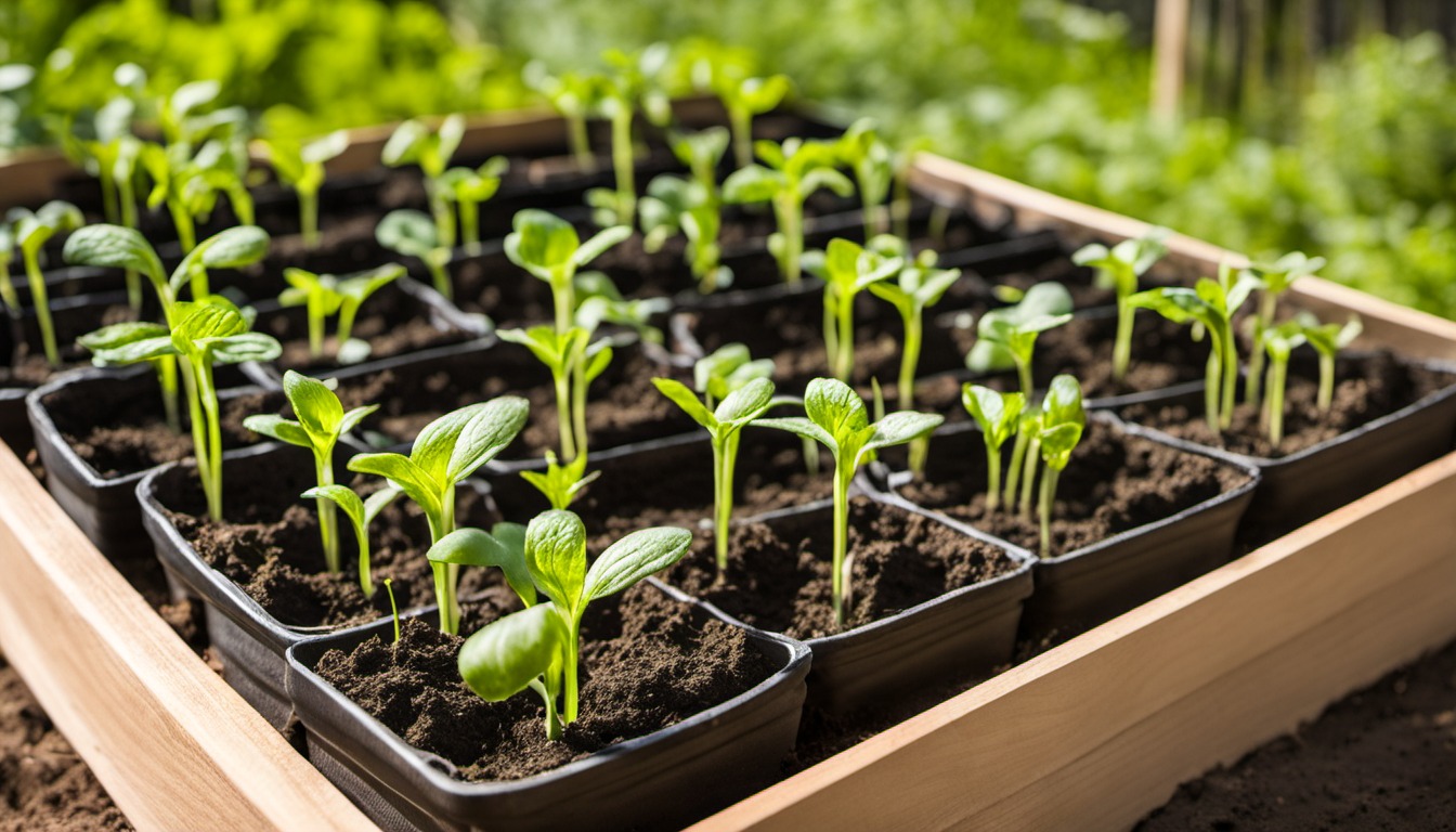 Generated illustration: young green seedlings in a tray