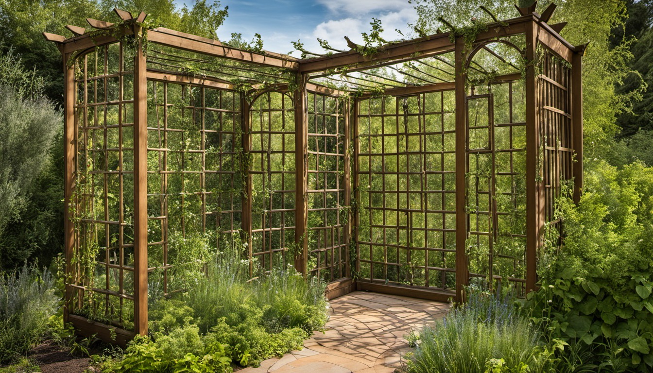 Generated illustration: a garden trellis with green vines