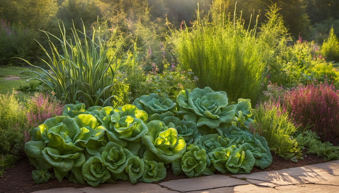 Generated illustration: mature leafy greens in a garden