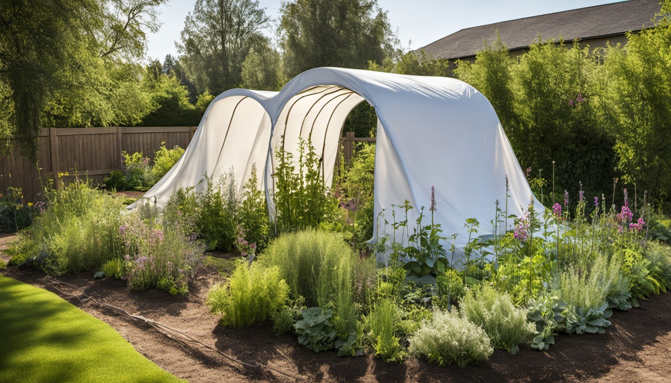 Generated illustration: white covers supported over a garden bed