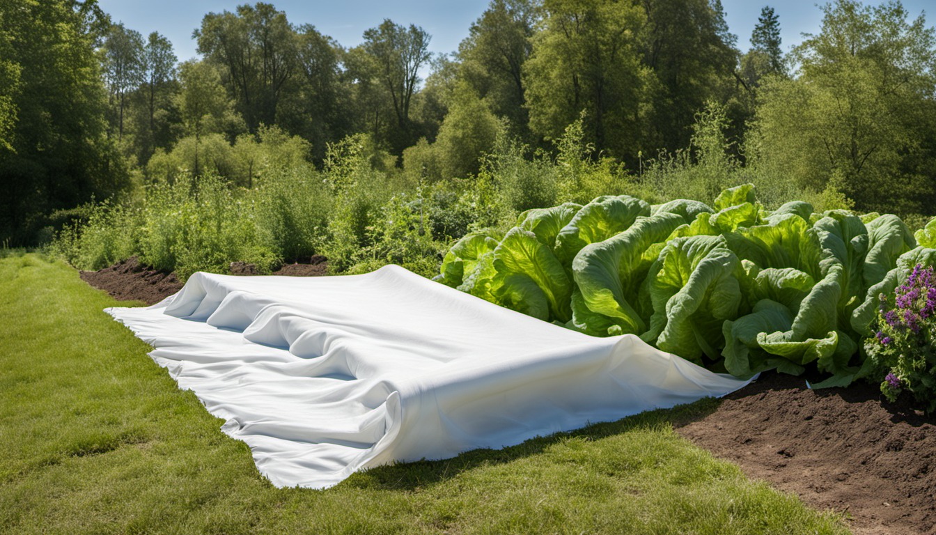 Generated illustration: white garden fabric beside leafy plants