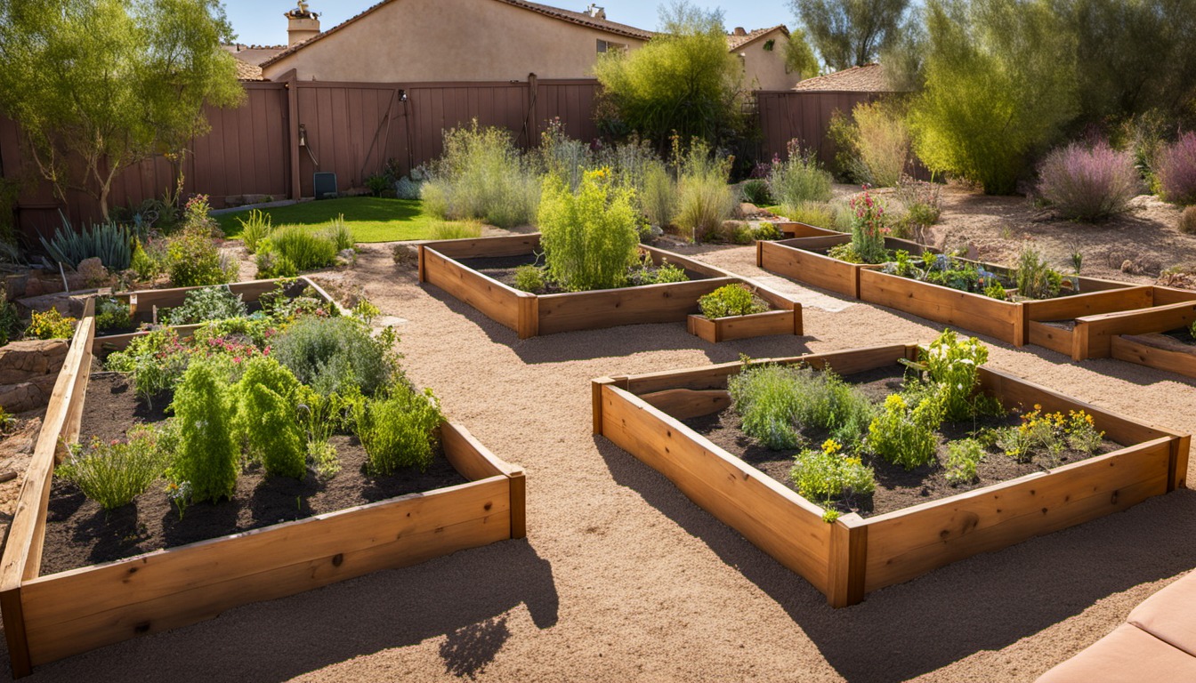 Generated illustration: raised vegetable beds in a sunny arid backyard