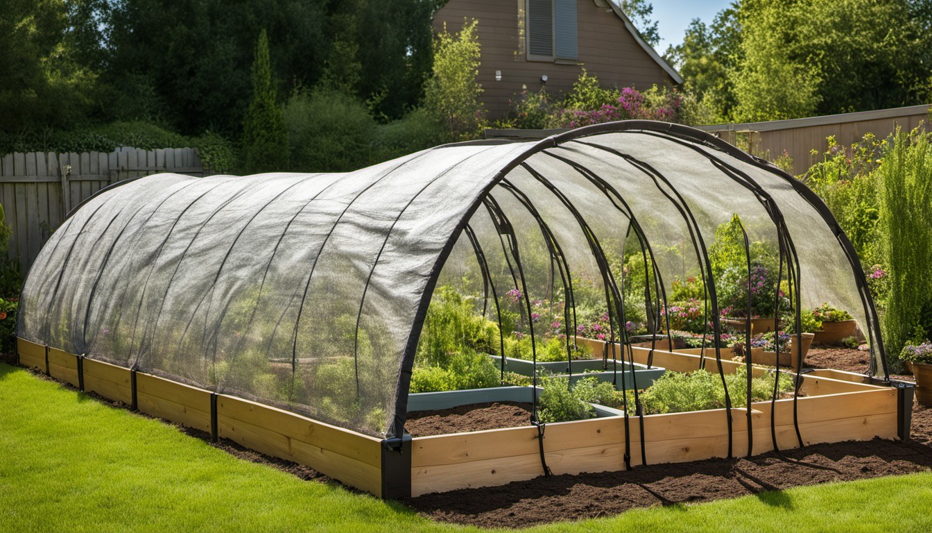 Generated illustration: garden under a covered hoop structure
