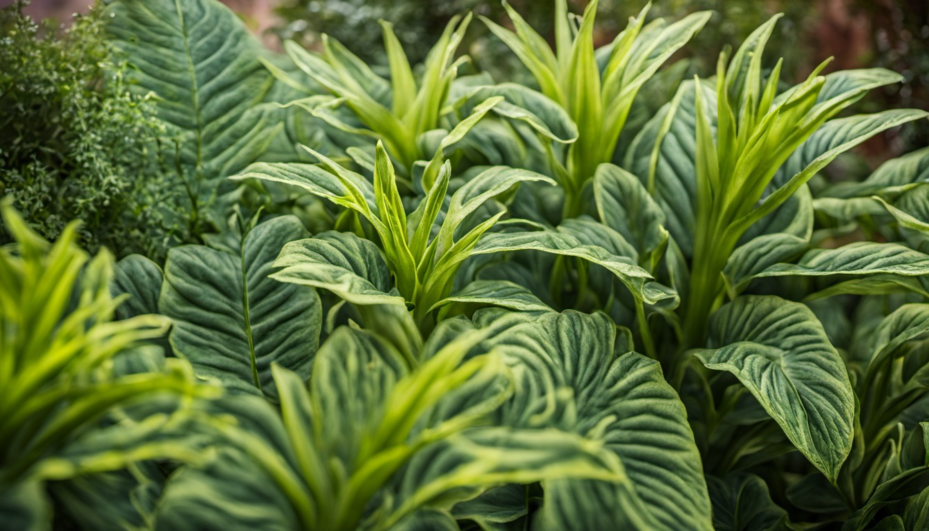 Generated illustration: close view of leafy plants in a garden