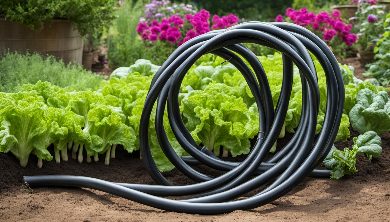 Generated illustration: a coiled garden hose beside lettuce