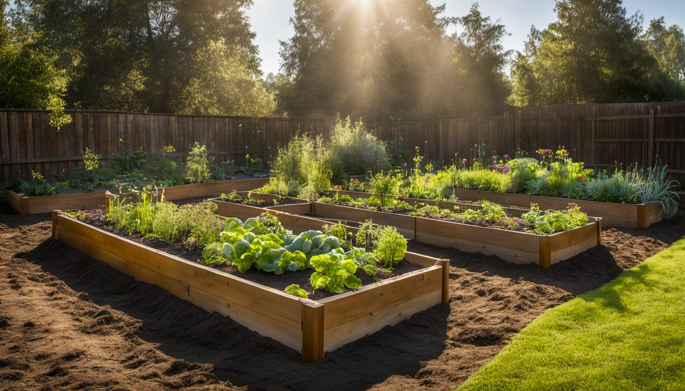 Generated illustration: vegetable garden beds in morning light