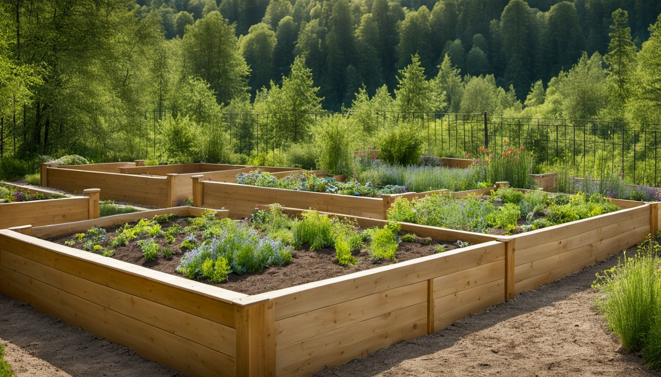 Generated illustration: raised vegetable beds with a wooded hillside in the distance