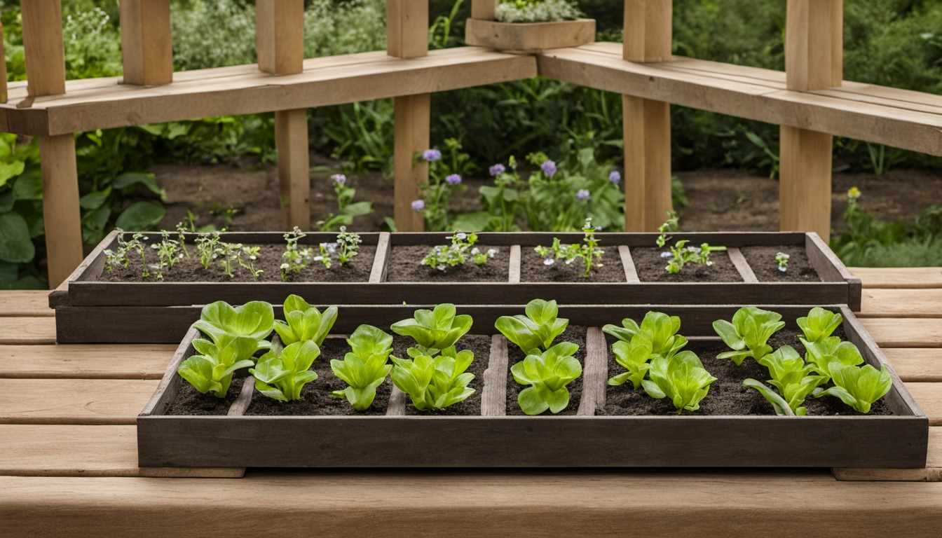 Generated illustration: seedling trays on a wooden garden bench