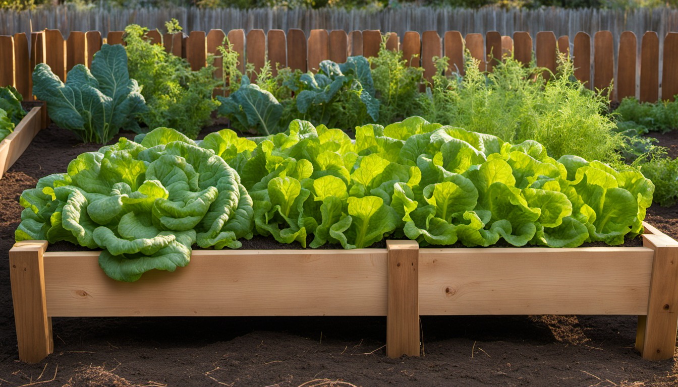 Generated illustration: a raised bed of leafy greens on a cool morning