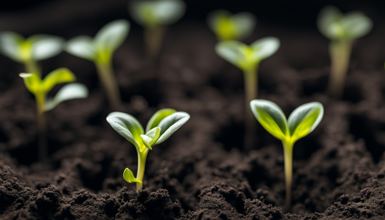 Generated illustration: young leafy seedlings in dark soil