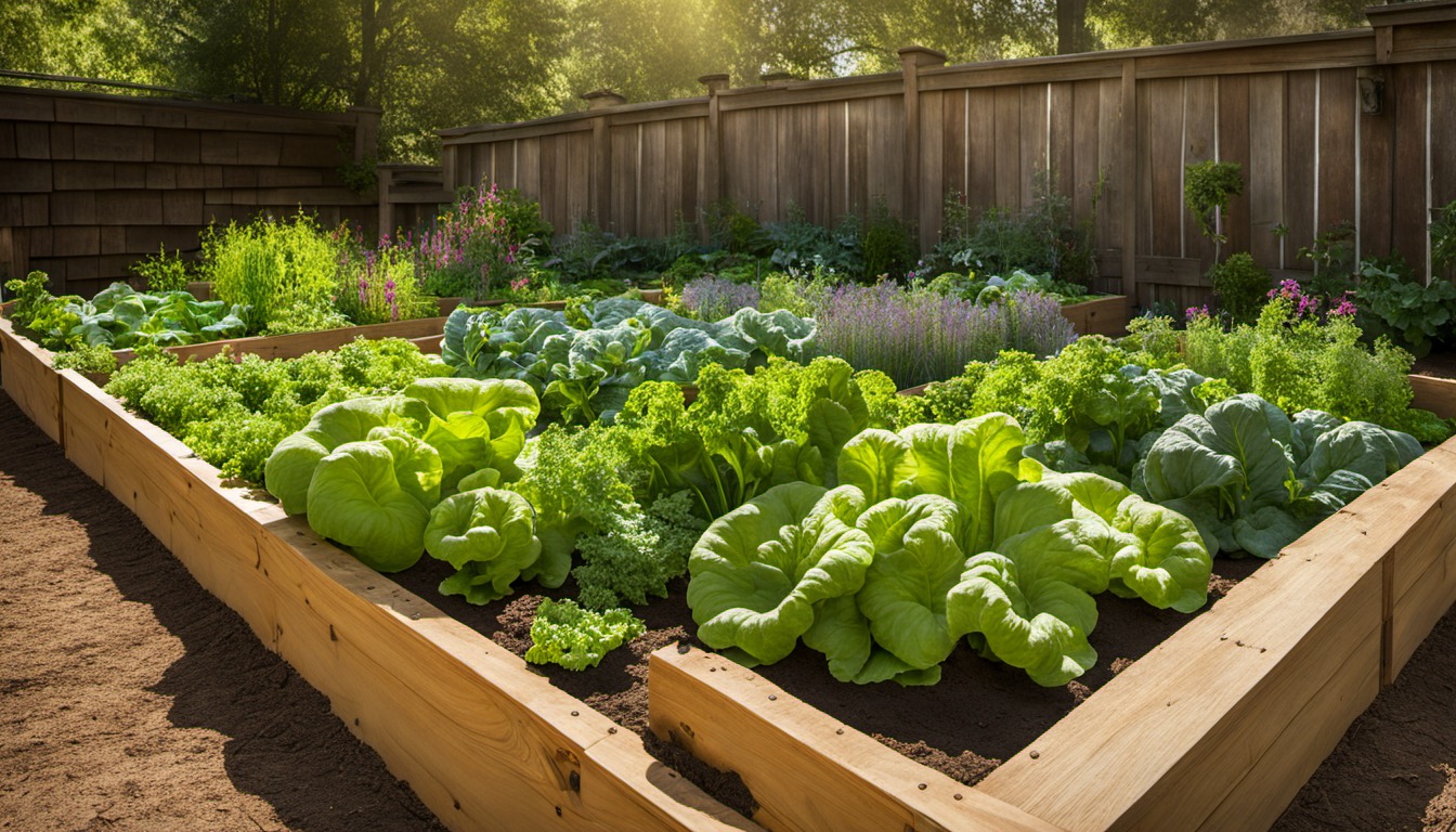Generated illustration: mature leafy greens in a raised garden bed