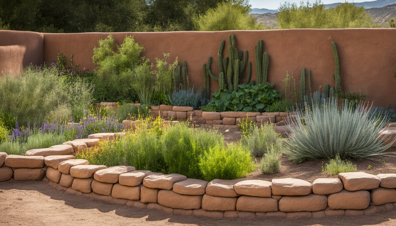 Generated illustration: vegetable beds beside an adobe garden wall
