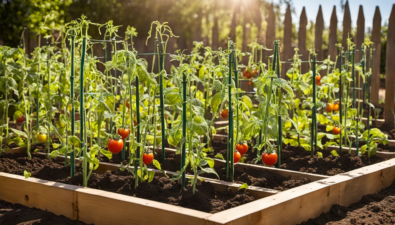 Generated illustration: tomato plants supported by stakes in a sunny garden bed
