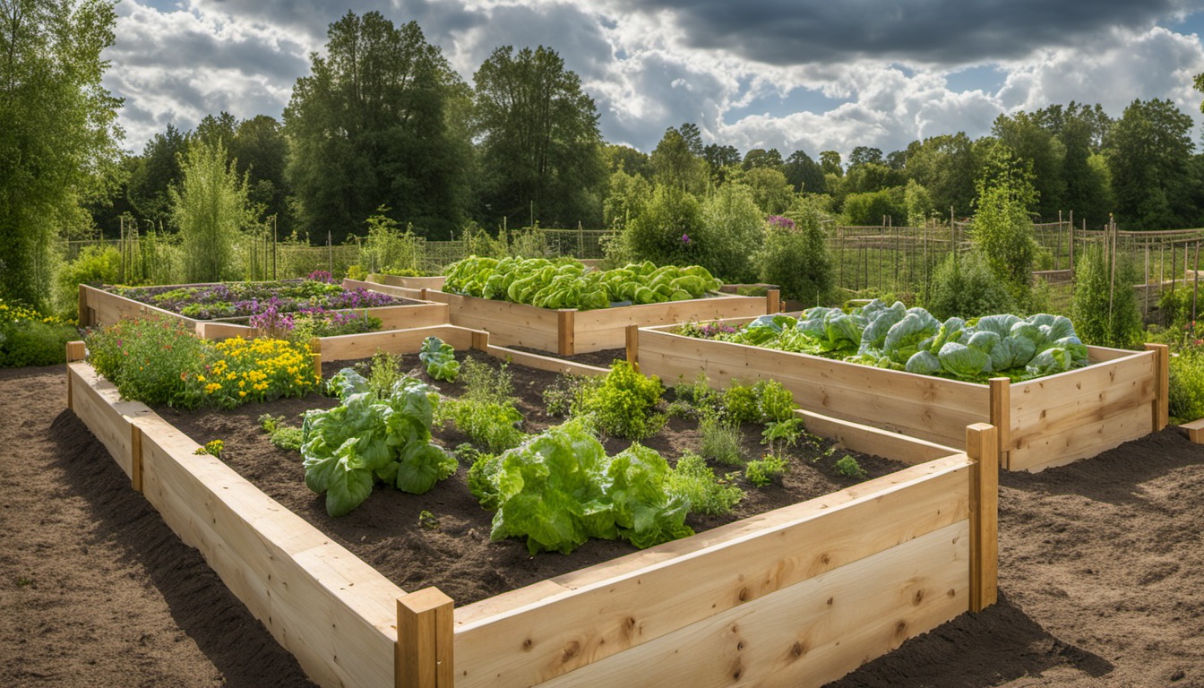 Generated illustration: raised vegetable beds under gathering summer clouds