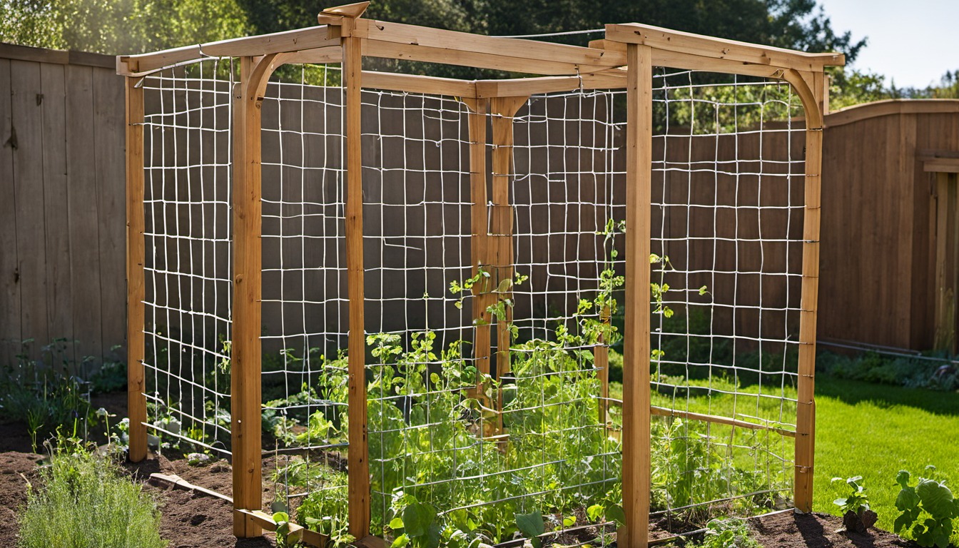 Generated illustration: sturdy trellis in a backyard vegetable garden