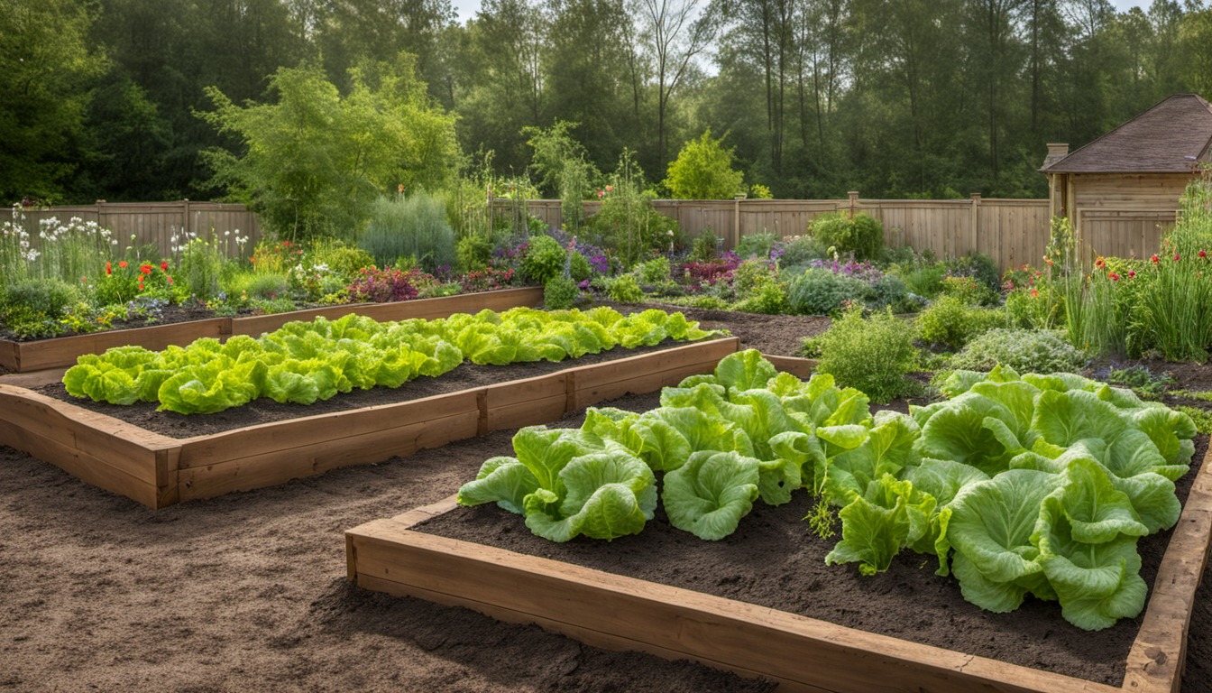 Generated illustration: leafy vegetables in raised garden beds