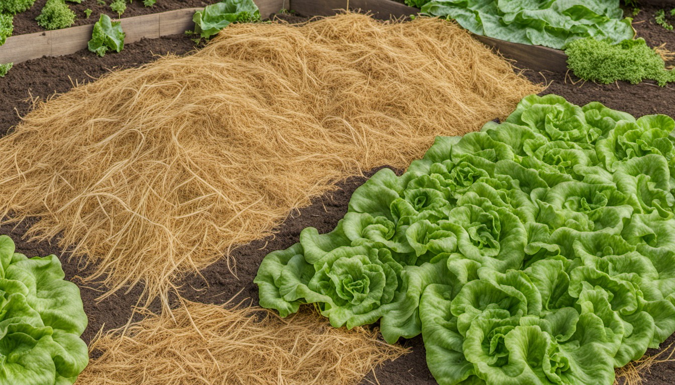 Generated illustration: straw beside lettuce in a garden bed