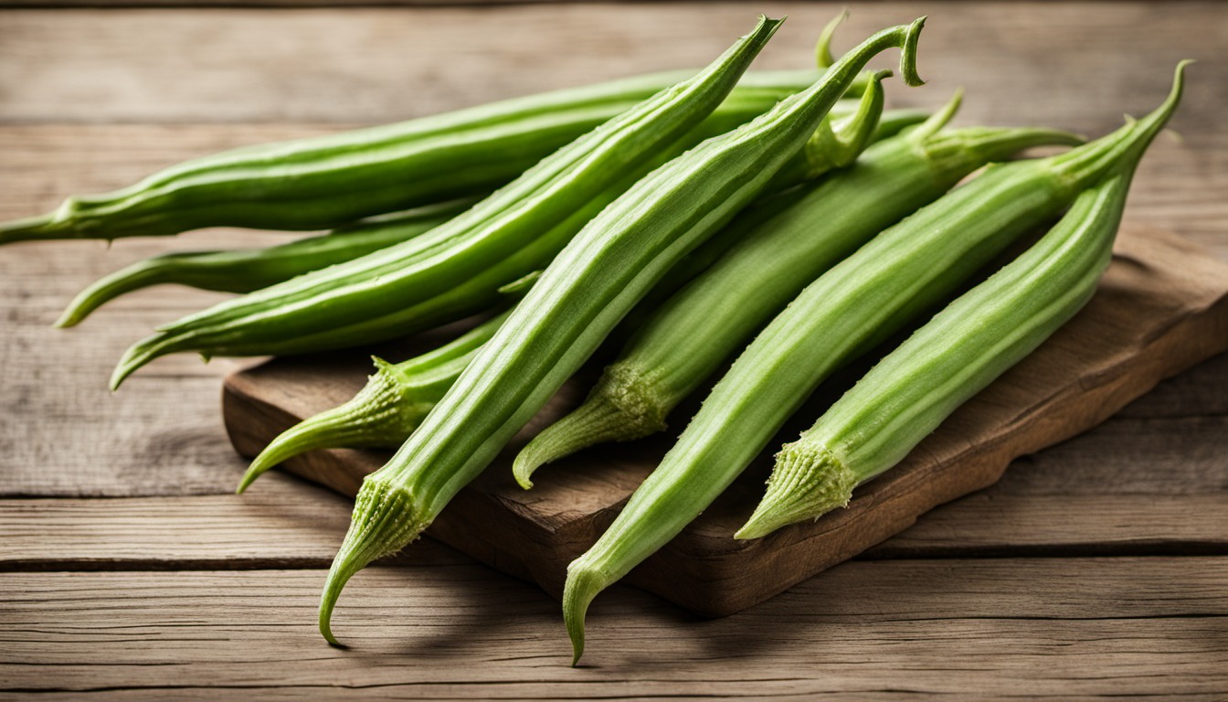 Generated illustration: green pods on a wooden table