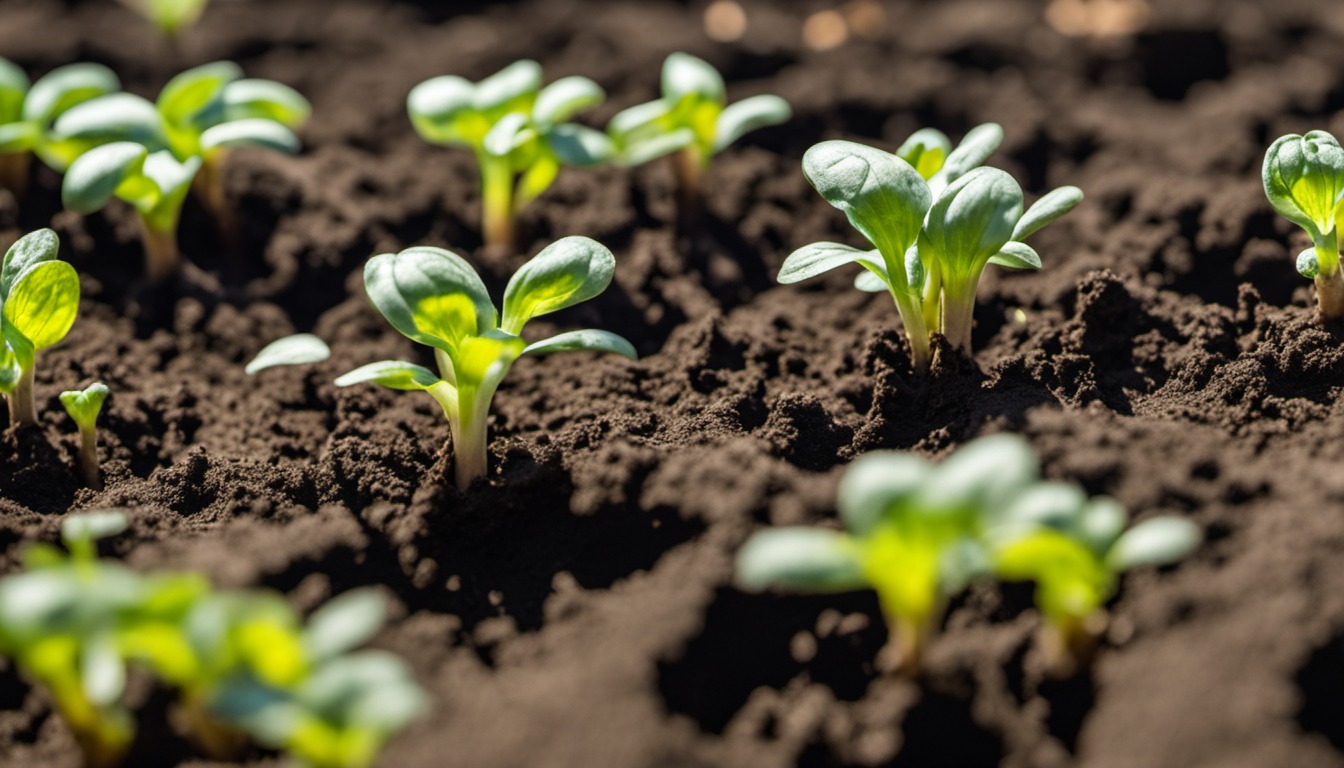 Generated illustration: young vegetable seedlings in garden soil