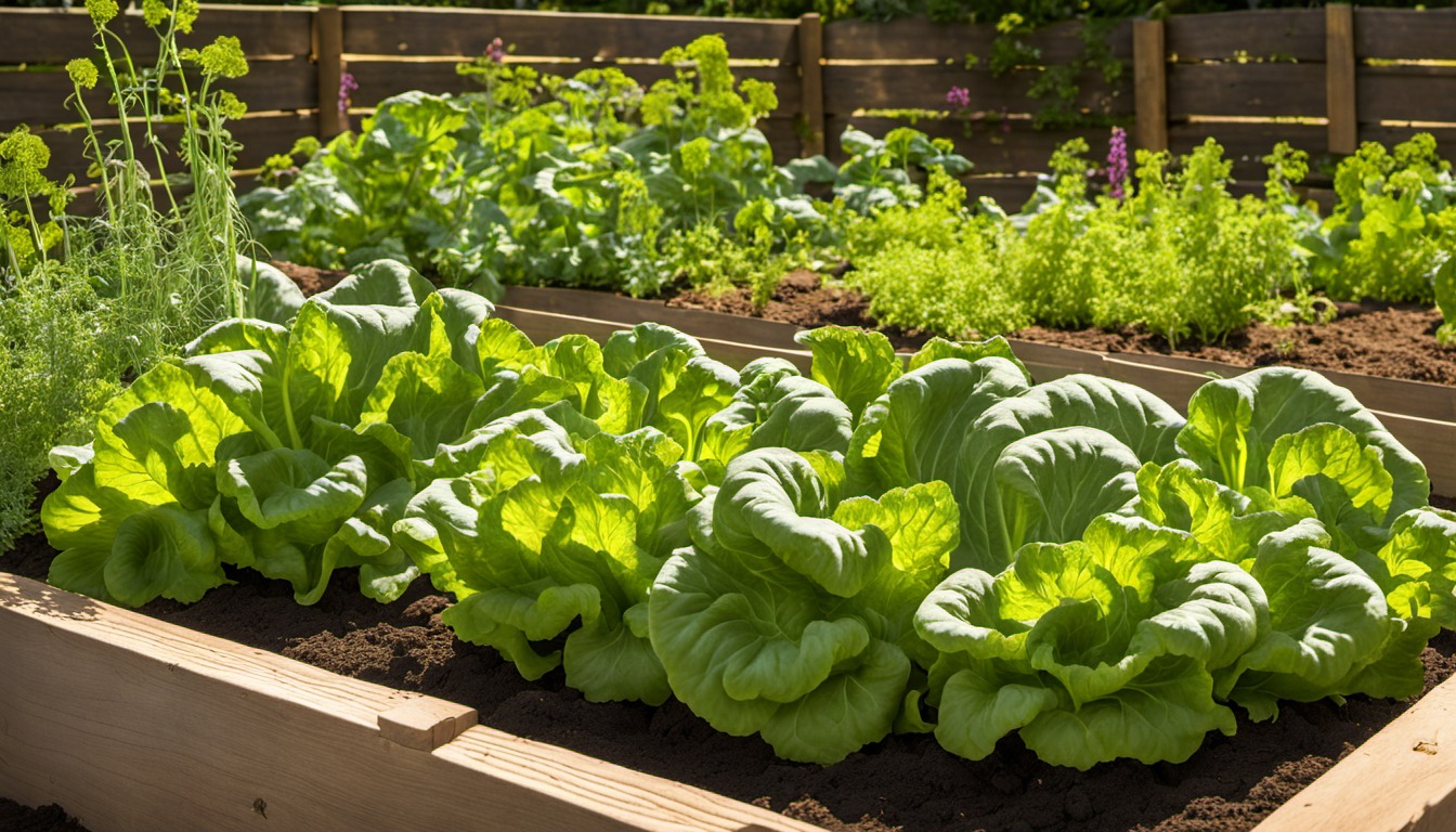 Generated illustration: leafy vegetables growing in a sunny raised bed