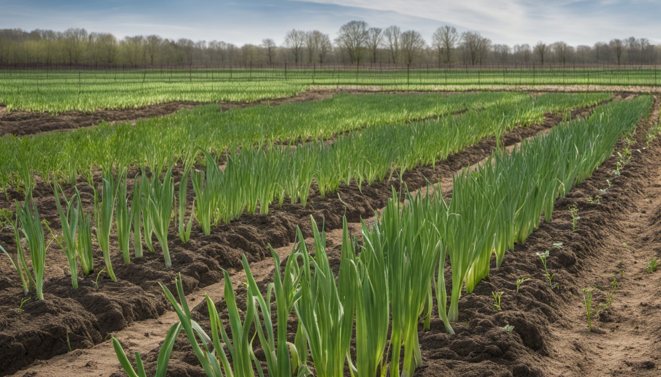 Generated illustration: onion plants growing in garden rows
