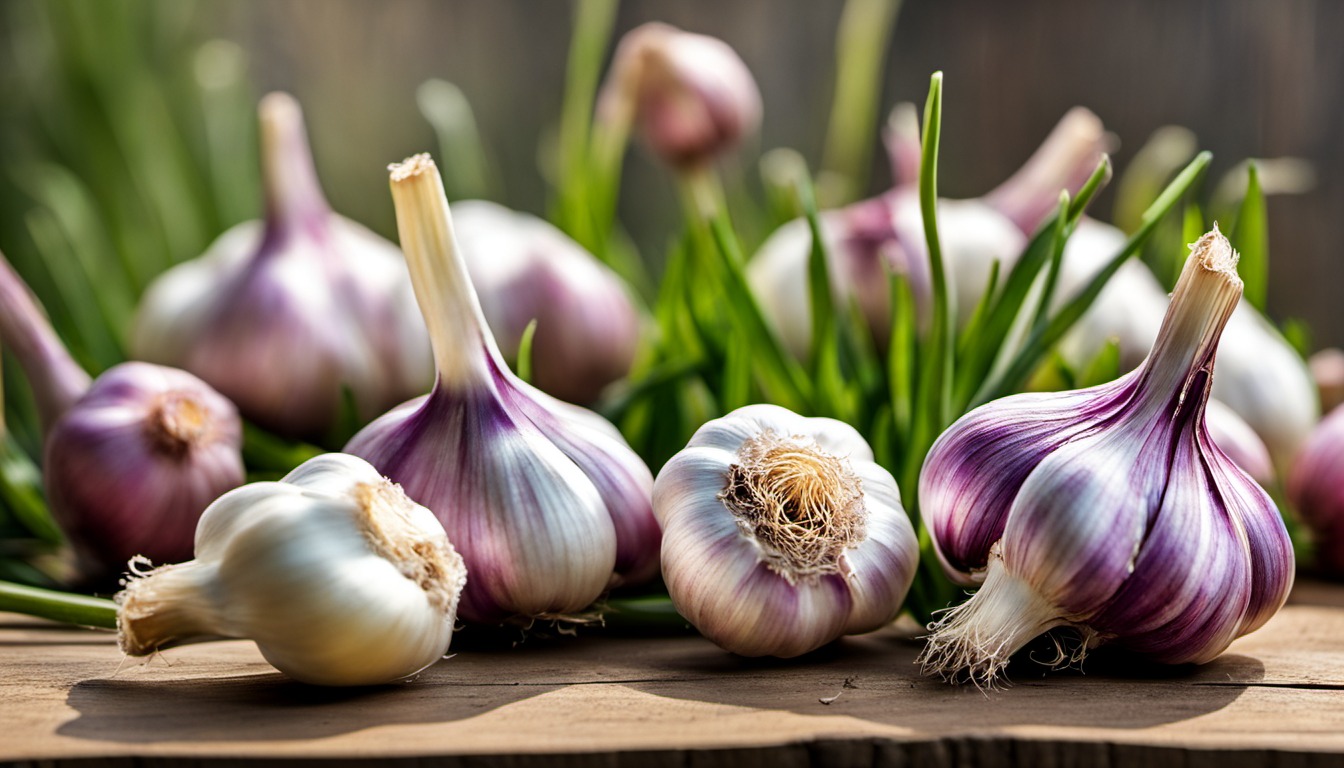 Generated illustration: garlic bulbs on a wooden garden bench