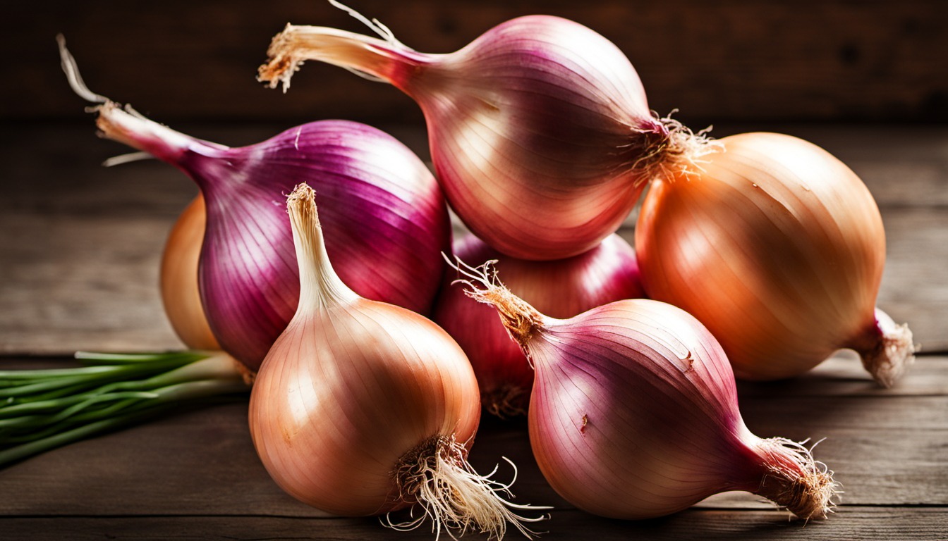 Generated illustration: freshly harvested onions on a wooden table