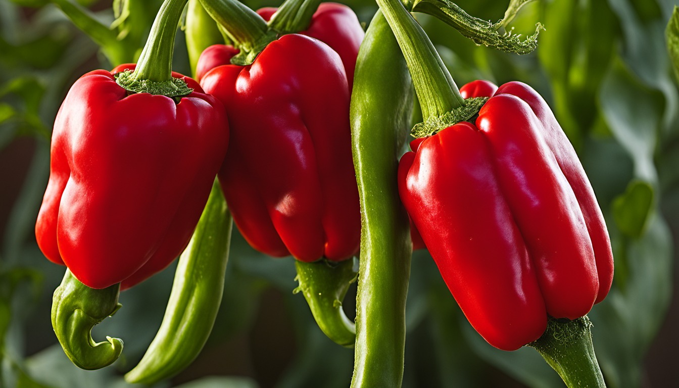 Generated illustration: ripe red peppers on a green pepper plant