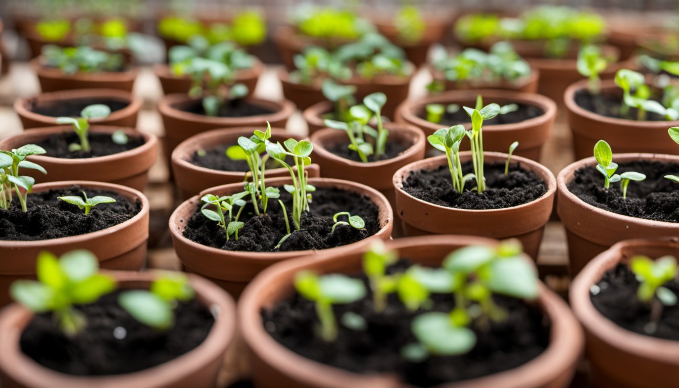 Generated illustration: young seedlings growing in pots