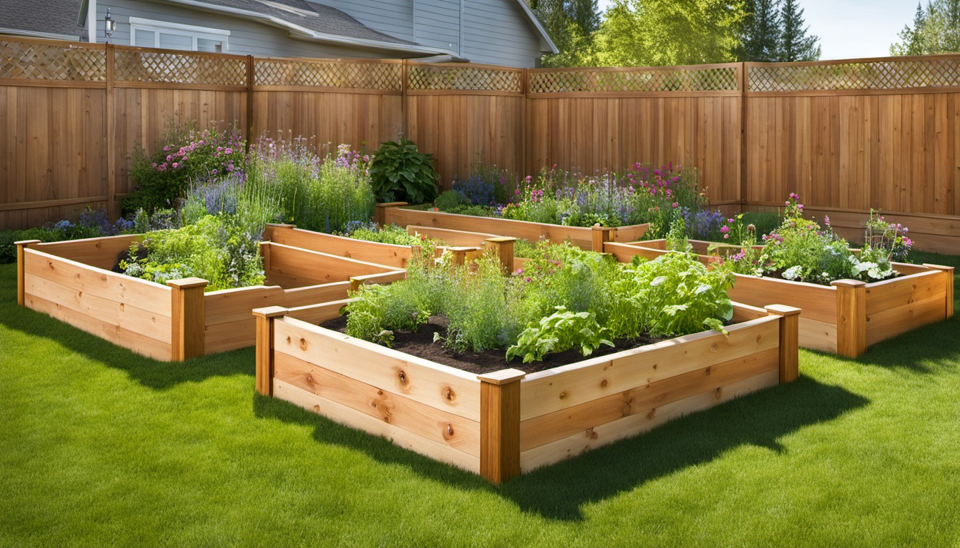 Generated illustration: cedar raised vegetable beds in a sunny backyard