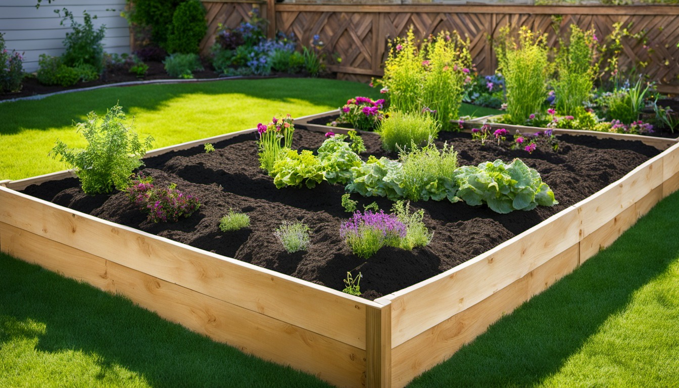 Generated illustration: a raised garden bed with plants and dark soil