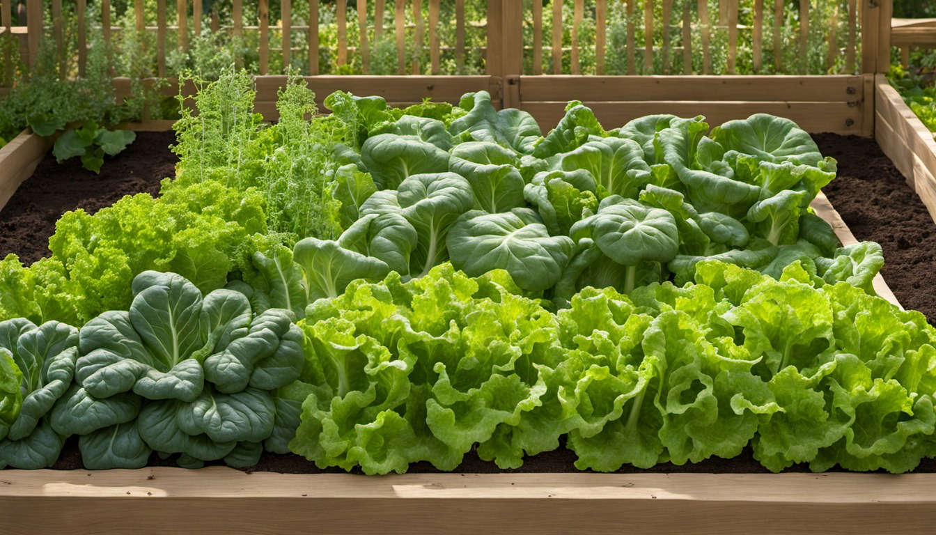 Generated illustration: mixed leafy greens in a raised vegetable bed