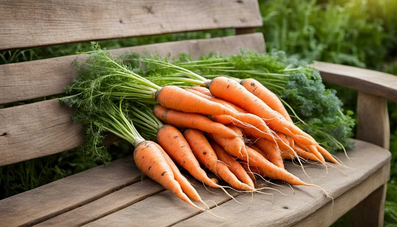 Generated illustration: freshly harvested carrots on a garden bench