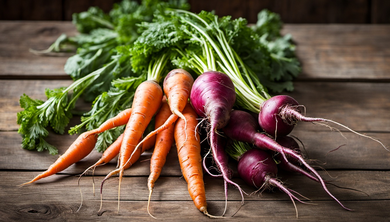 Generated illustration: fresh carrots and beets on a wooden table