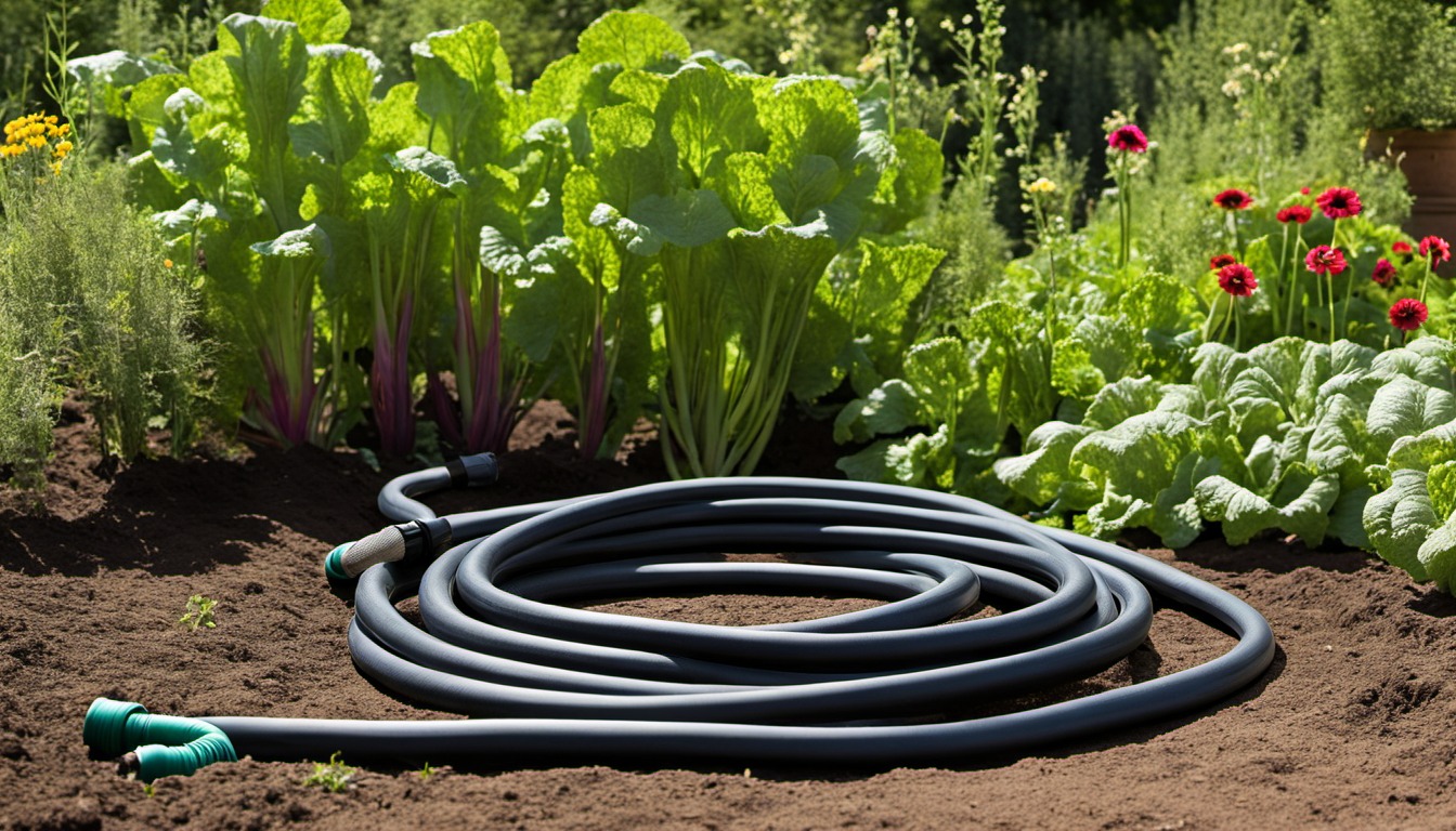 Generated illustration: a coiled garden hose beside leafy plants
