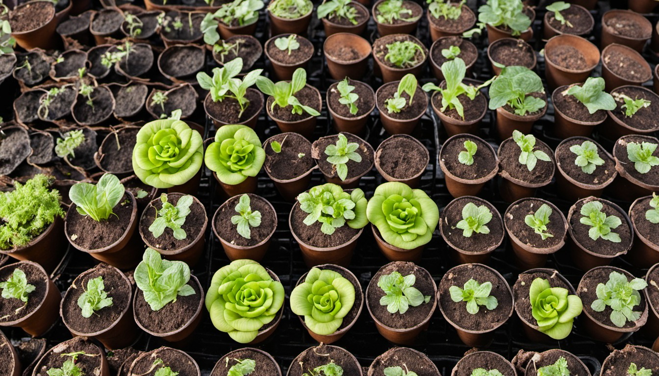 Generated illustration: small vegetable transplants in individual pots