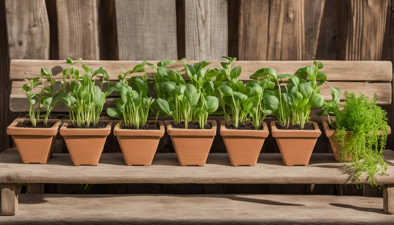 Generated illustration: young seedlings on a wooden garden bench