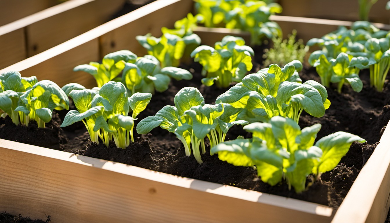 Generated illustration: vegetable seedlings in a sunny raised garden bed