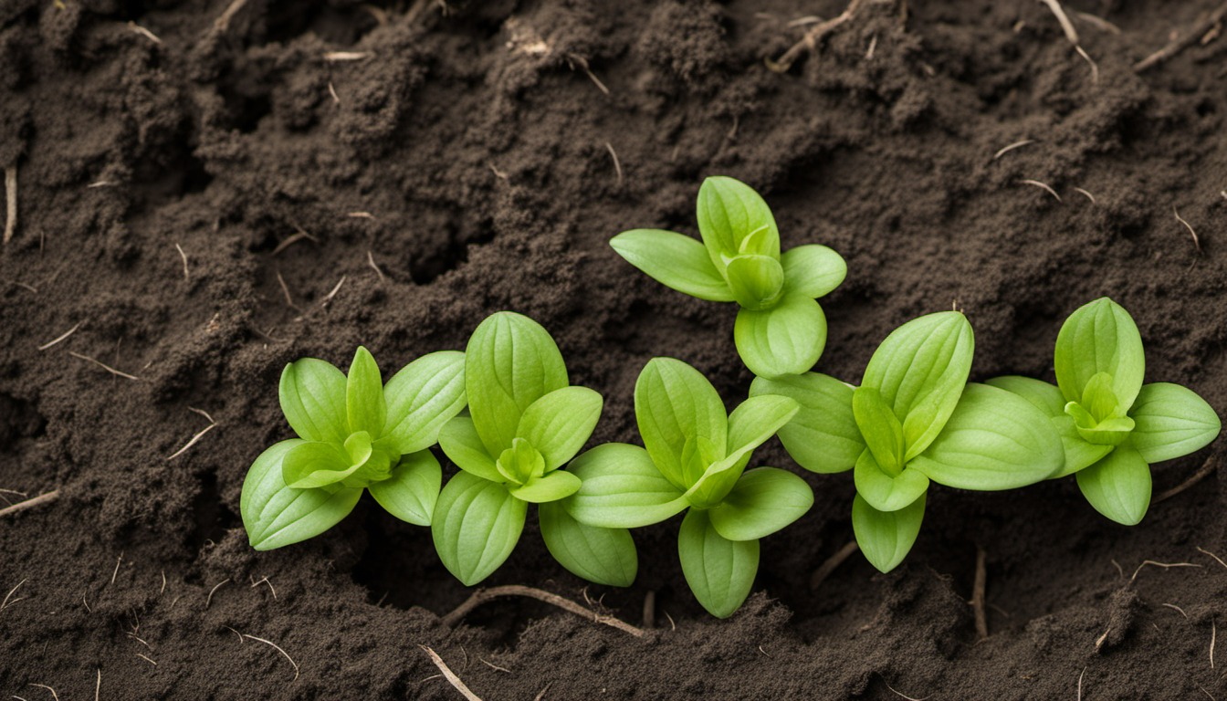 Generated illustration: close view of garden soil and young green leaves