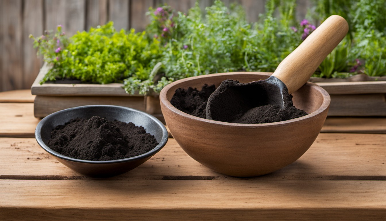 Generated illustration: a scoop and bowl of dark soil on a wooden bench