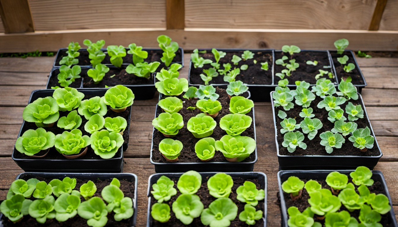 Generated illustration: small leafy vegetable transplants in pots